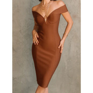 Alieva Off the Shoulder Bandage Dress Size XXL Brown Stretch Built in Bra 2XL